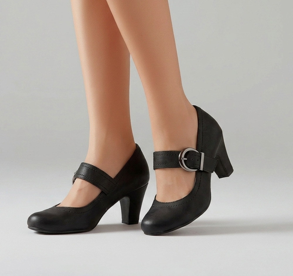 Pesaro Black Leather Buckle Mary Jane Block Heel Pumps
